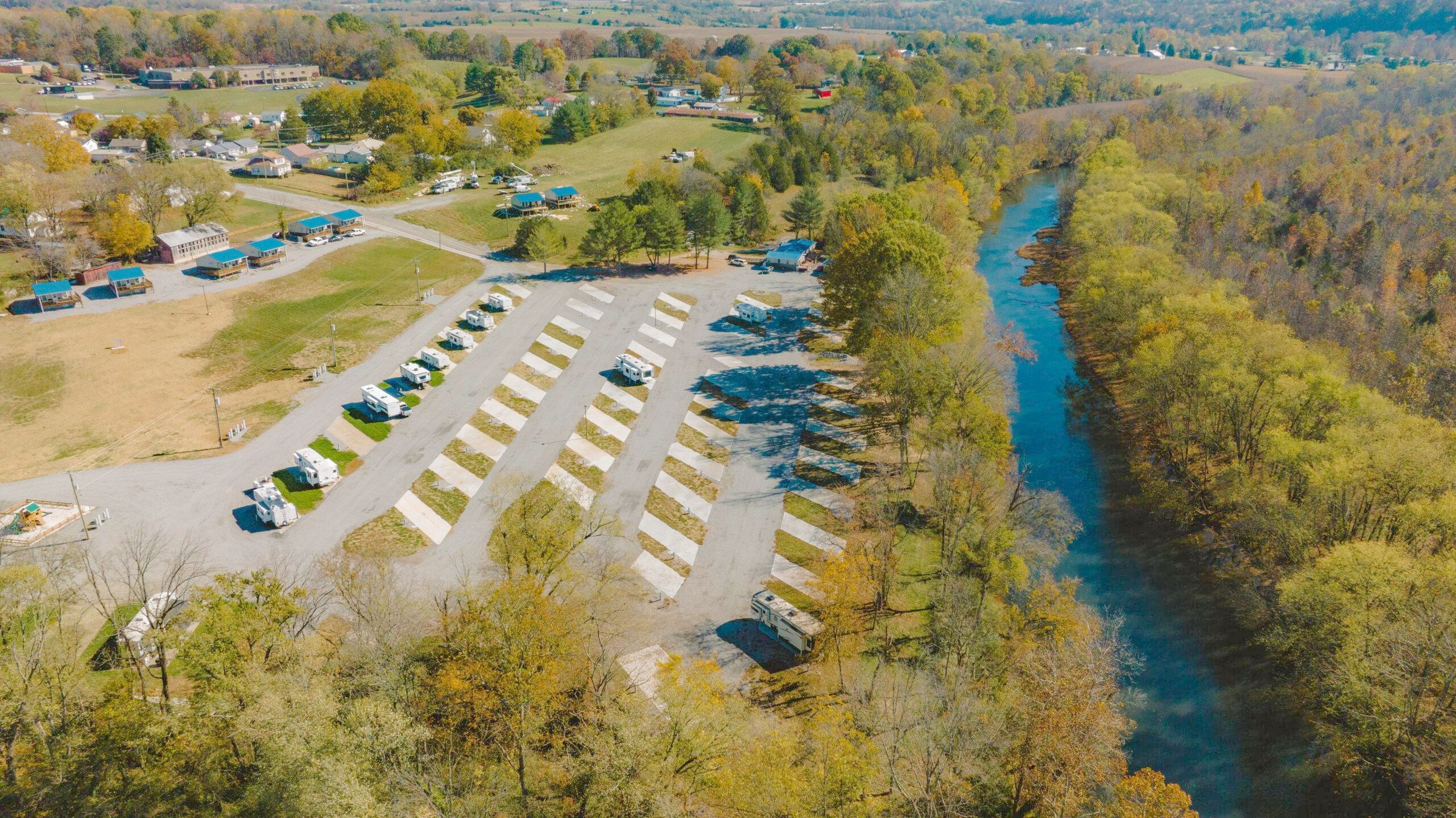 Aerial drone overview of Paddle Trail Campground lot layout